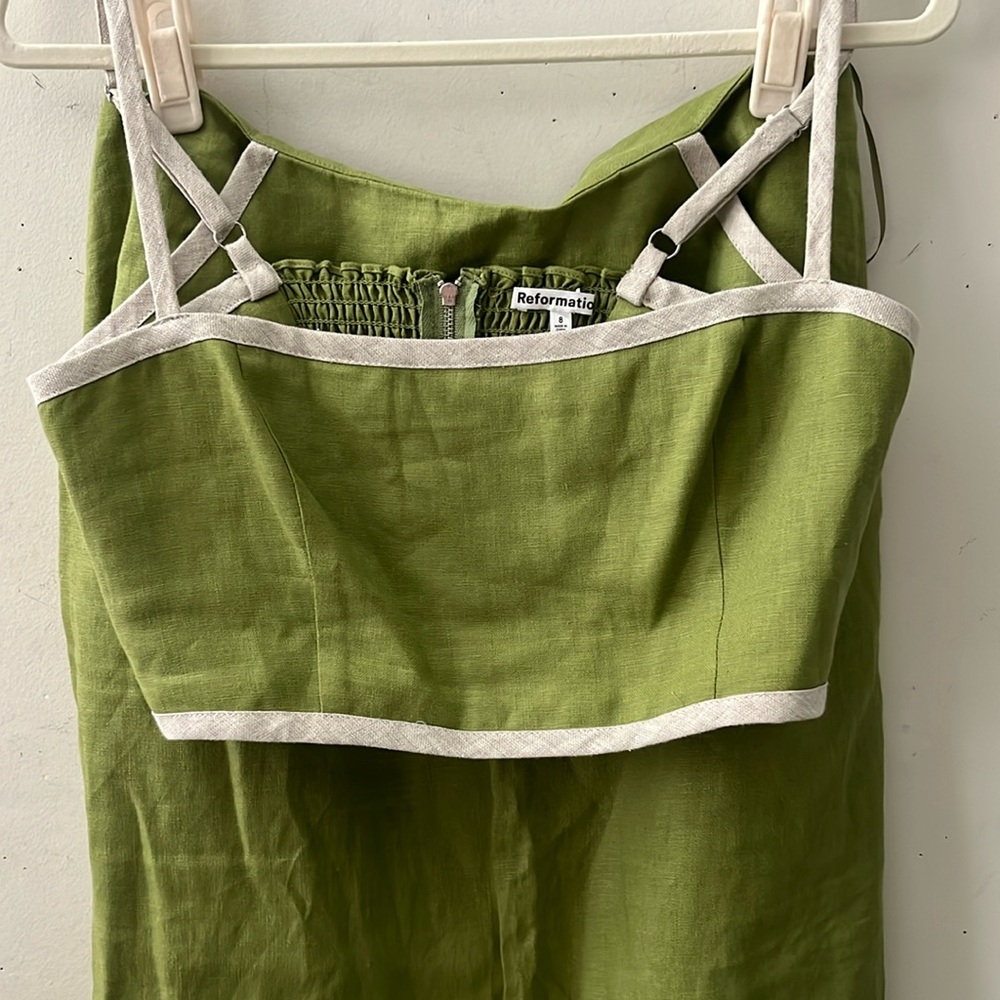 Reformation Elena Linen Green Top Skirt Set Dress